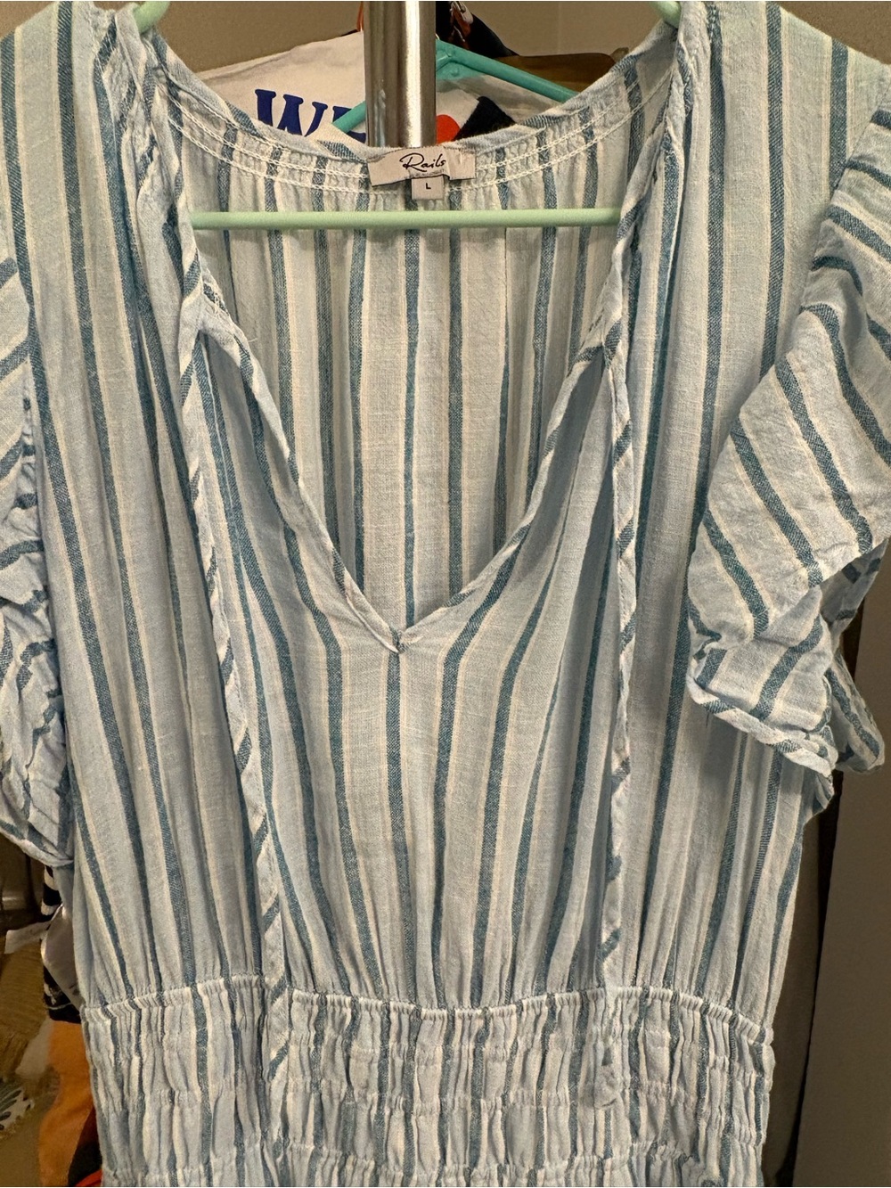 Rails Iona Smocked Waist Midi Dress (L, Cambria Stripe Blue) 100% linen. - Picture 2 of 6